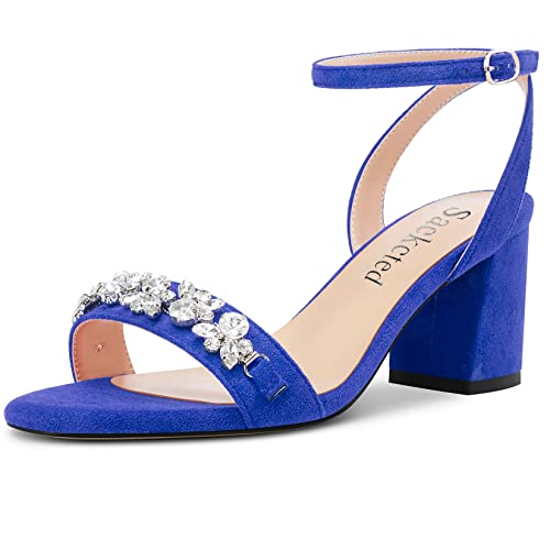 Saekcted Women Chunky Block Mid Heel Peep Open Toe Sandals Ankle Strap Rhinestone Crystal Casual Dress Shoes