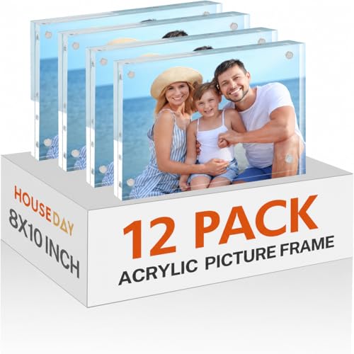 Image of HOUSE DAY Acrylic Picture Frames 8x10, Magnetic 8x10 Picture Frame, Double Sided Clear 8 x 10 Photo Frame with Microfiber Cloth, Frameless FreeStanding Frame Gift for Desktop Display (12 Pack)