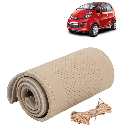 Image of KINGSWAY PU Leatherite Car Steering Cover Sewable Compatible with Tata Nano (Year 2008 Onwards), Beige Color with Beige Thread, Pack of 1 with Sewing Needle and Thread