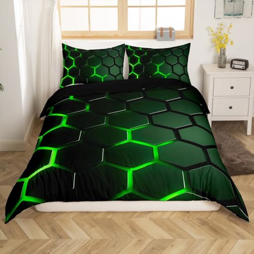 jejeloiu Kids Green Honeycomb Duvet Cover Toddler Size, Neon Hexagonal Comforter Cover Geometrical Bedding Set Boys Girls Teens Bedroom Decor Bedclothes Zipper (No Comforter)