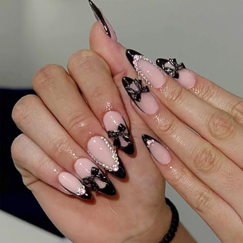 SEMATA Black French Tip Press on Nails Almond Medium Acrylic Fake Nails Press Ons with Glue Bling Rhinestones Cute Stick on Nail Bow Artificial Glue on False Nail with Designs for Women and Girls