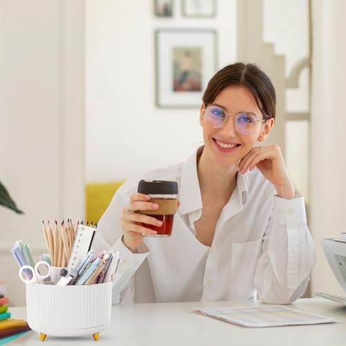 Image of SKYDUE 360 Degree Rotating Desk Organizer, Dual-Purpose Pencil Pen Holder for Desk, Rotating Desk Pen Organizer with 5 Slots, Pencil Cup for Office, School, Home (White)