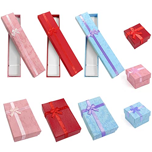 La confezione contiene: un totale di 9 scatole per gioielli, disponibili in tre colori (rosa, viola, rosso), tre dimensioni (4 x 4 x 3 cm, 5 x 8 x 3 cm, 4 x 20 x 2,5 cm).