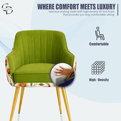 Image of Velvet Accent Chair | Luxury Upholstered Armchair with Sturdy Metal Legs | Modern Comfortable Chair for Living Room, Bedroom, Office, or Cafe (Golden Legs, Parrot Green Floral)