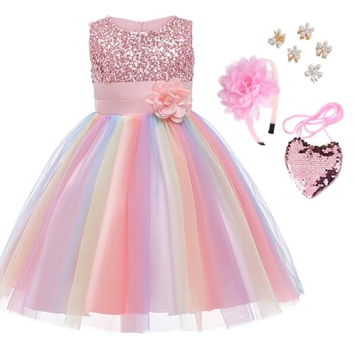 Kids Sequin Flower Girls Party Dress Bridesmaid Ball Gown Wedding Tulle with Accessories 3-10 Years