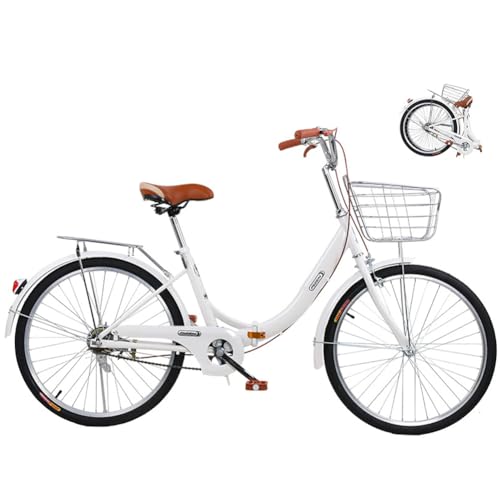 Lapakey 折りたたみ自転車 おりたたみ式 自転車 折り畳み カゴ付き 軽量 22 24インチ 組み立てなし 旅行 お出かけ 買い物 街乗り マンション アパート 玄関先 車載 通勤 通学 サイクリング シティサイクル (ホワイト,24インチ)
