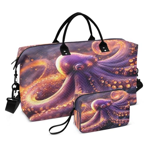 Magic Fish Kraken Large Travel Duffle Bag Weekender Overnight Bags Gym Yoga Bag for Women Men with Toiletry Bag