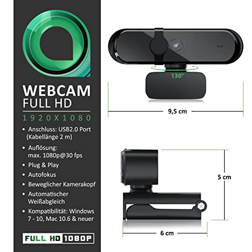 CSL - Webcam, Full-HD 1080p 30 FPS, Objektivabdeckung & Dual Mikrofon, Klarer Stereo-Sound, Belichtungskorrektur, USB-Anschluss, Plug & Play, für Videoanrufe, Skype, Teams, Zoom - Schwarz – Bild 3