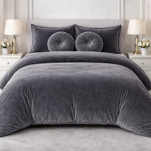 Image of Sands Luxurious 6Pc Bedding Set for Winter, 1 Double Duvet Cover,1 Double Bed bedsheet, 2 Pillow Covers, 2 Round Cushions, Ultra Soft Woollen Bedsheet Set- 90X100 inches (Grey)