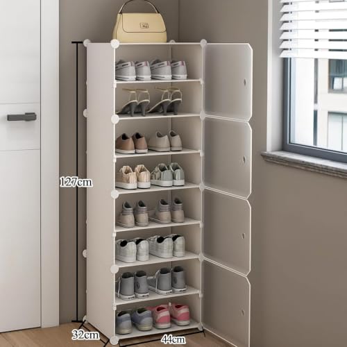 Image of Plastic Shoe Rack for Home with Door | 8-Shelf DIY Shoe Cabinet Organiser | Stores 16 Pairs | Foldable & Waterproof Shoe Stand for Entryway, Bedroom