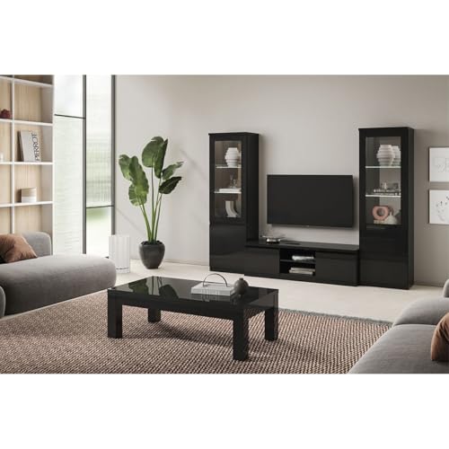 AltoBuy DEYTON - Ensemble Salon Complet Laqué Noir Meuble TV + Vitrines avec LEDs + Table Basse 127cm