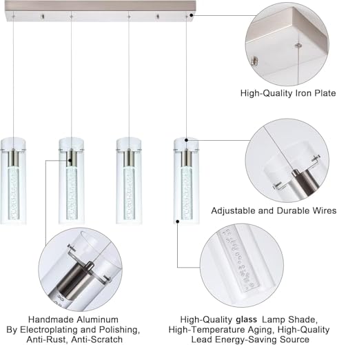 Image of Kitchen Lighting Pendant Fixtures 4-Light LED Pendant Ceiling Fixture Brushed Nickel Bubble Cylinder Pendant Light with Adjustable Length for Kitchen Island Dinning Room Bedroom