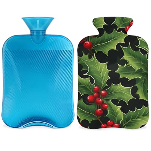 Hot Water Bottle with Soft Cover,2L Holly Berry Flowers Hot Water Bag for Hot and Cold Compress, Hand Feet Warmer, Fantastic Flowers Rubber Hot or Cold Water Bottle Halloween Christmas Decorations