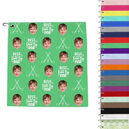 Custom Pet Face Photo Golf Towel 12x12 Inch Best Dad By Par Bulk 1-100 Pcs Customized Personalized Dog Cat Portrait Rag with Clip for Golf Bags Funny Dad Gift for Papa Fathers Day Golf Lovers
