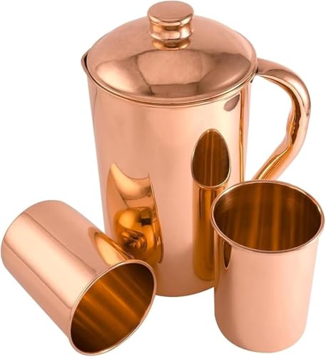 Carafe 100 % cuivre pur 1500 ml avec 2 gobelets | Pichet à eau potable uni avec verres | Ensemble pichet en cuivre avec couvercle et tasses | Bouteille d'eau...