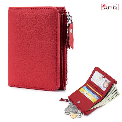 Wallet Women Rfid Blocking Small Coin Bifold Pocket Wallet Ladies Mini Purse ID Window Thin Leather Zipper Pocket (Red,L)2