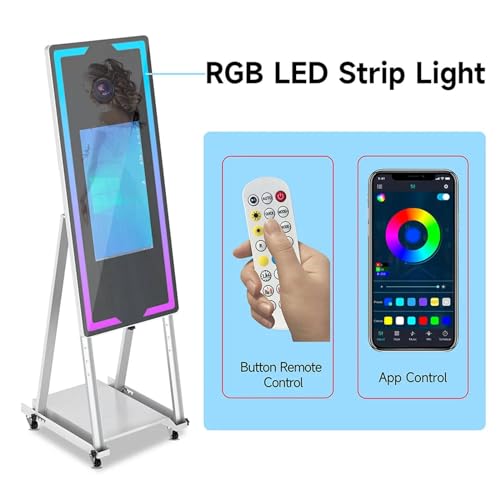Lustrzana fotobudka ze światłem wypełniającym, przenośny ekran dotykowy Magic Mirror Booth Machine + Mini PC (I5, 8 GB RAM, 256 GB SSD) + etui lotnicze