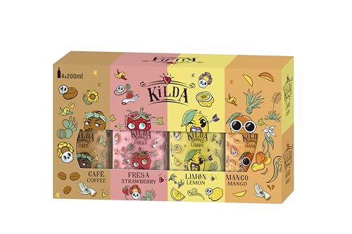 KILDA - Mini Pack 4 Sabores | 4 Botellas de 200 ml | Café, Fresa, Limón y Mango | Crema de Tequila Variada 17º | Formato Mini Ideal para Fiestas, Eventos y Celebraciones