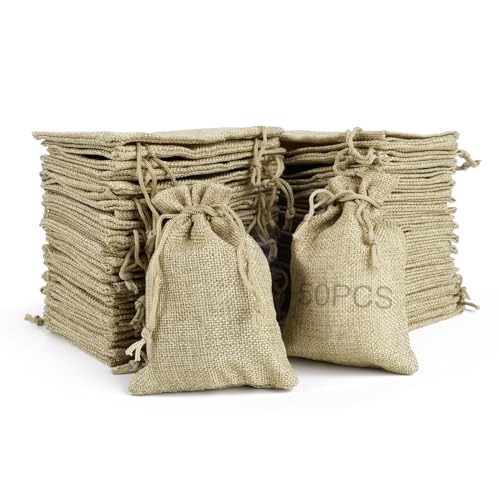 RUBY 50 pièces Petite Sachets en Toile de Jute - 7 X 9cm Pochette Tissu, Sac en Jute Pochon Tissu, Sachet Lavande Vide, Sachet Lin, Deco Pochette Cadeau Mariage