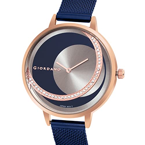 Image of Giordano Black Analogue Watch for Women with Rose Gold Case and Black Stylish Mesh Band Ladies Wrist Watch with Studds on Dial to Complement Your Party Look, Gift for Women