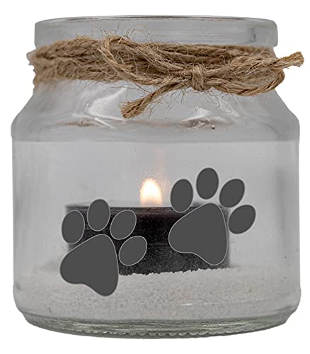 Trauer-Windlicht Glas mit Teelicht und Sand, Tier-Pfoten Hund Katze Pfote, 7x7cm Trauer-Licht mit Trauer-Kerze Gedenk-Kerze schwarz