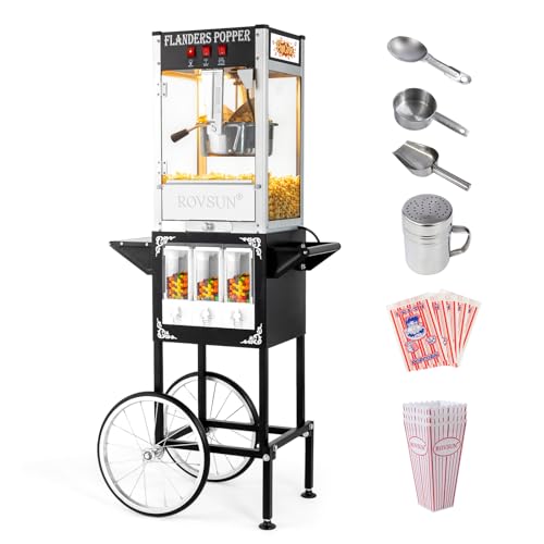 Image of ROVSUN Popcorn Machine w/Cart, Wheels & 8 Oz Kettle Makes Up to 32 Cups ETL Certified, Popcorn Maker w/Candy Dispensers, Scoop, Oil Spoon & 3 Popcorn Cups for Commercial Home Theater, Black