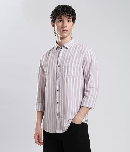 Image of TURMS Men's Casual Striped Linen Shirt | Water Repellent | Anti Stain Anti Odor | Kansas Linen | Concealed Button Down Collar | Full Sleeves