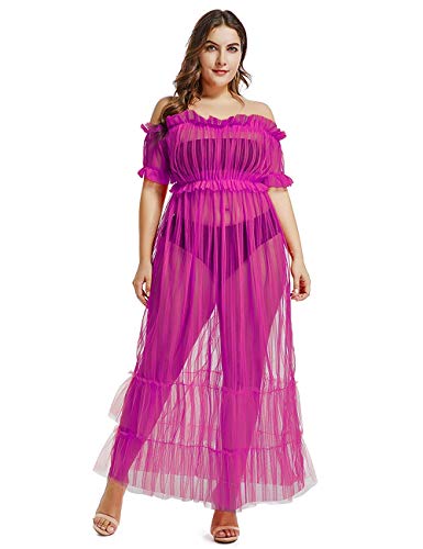 XAKALAKA Women's Sexy Lace Off Shoulder High Wasit Flared Mesh Club Maxi Dress Beach Cover Up Purple XL