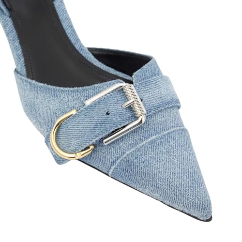 Goolita Denim Slingback Kitten Heels For Women, Pointed Toe Metals Buckle Heeled Sandals Strappy Slip on Office Dress Pumps Shoes4