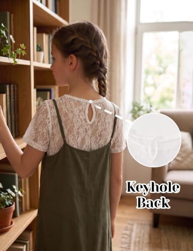 Image of Noomelfish Girls Lace Short Sleeve Layering Tops Sheer Mesh Tee Shirts Blouse (5-12 Years)