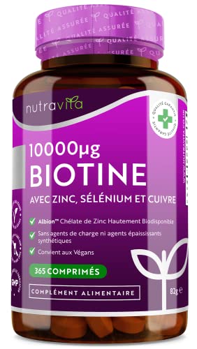 Biotine 10 000 mcg avec Zinc, Sélénium et Cuivre - 365 comprimés - Albion® Zinc pour une meilleure absorption - Supplément entièrement Végan pour cheveux, peau et ongles - Nutravita Cover