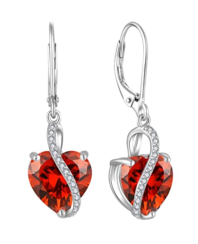 YL Pendientes de Corazónde plata de ley 925 con Pendientes de granate con piedra natal de enero para mujer