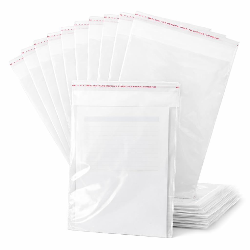 HURUC Clear Cellophane Wrap Bags A4 21x29.7cm – 100 Pack Self-Seal for Documents, Gift Wrapping, Sweets, Cookies, Jewellery & Party Favours — image 1
