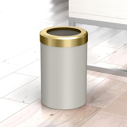 Image of Gatco Small Bathroom Trash Can with Lid, Round 3 Gallon Stainless Steel Wastebasket, Under Sink, Matte Pearl and Brushed Brass, for Bathroom, Bedroom, Office (1931B)