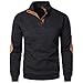 Mens Quarter Button Neck Tops Elbow Patches Long Sleeve Stand Collar 1/4 Button Up Pullover Color Block Tops A-Black