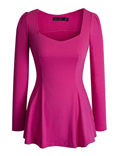 HOMEYEE Women's Vintage Square Neck Long Sleeve Peplum Tops Blouse 542(XXL,Pink)