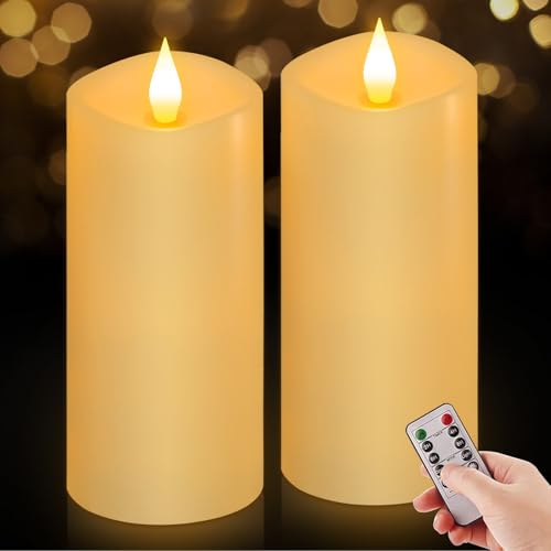 Image of Flameless LED Candles 3 inchx7 inch Set of 2, Battery Operated with Remote & Timer, 600-Hour on 2 AA Batteries, Flickering Realistic Flame, Ivory for Indoor /Outdoor