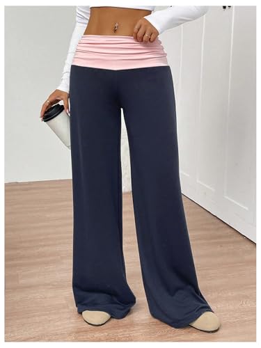 SOLY HUX Women's Sweatpants Color Block Low Rise Fold Over Waist Baggy Wide Leg Pants4