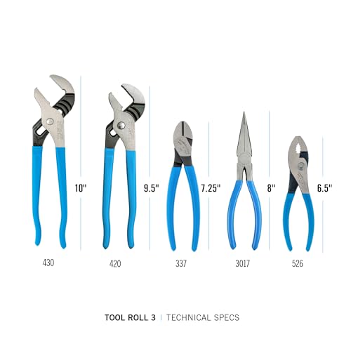 Image of CHANNELLOCK TOOL ROLL-3 5pc Professional Pliers Set with Tool Roll, Made in USA, Includes Straight Jaw Tongue & Groove, Cutting, Long Nose, and Slip Joint Pliers, Forged High Carbon Steel