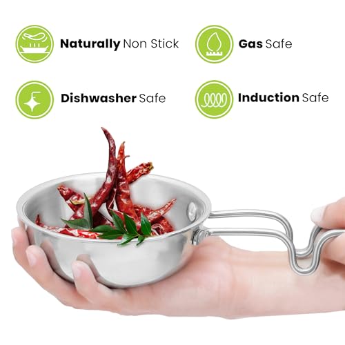 Image of Allo TriPly Stainless Steel 12cm Tadka Pan, 320ml, Naturally Non Stick Cookware for Dal, Spice Tempering Seasoning, Long Wire Handle, Induction Base and Gas Stove Ready for Kitchen