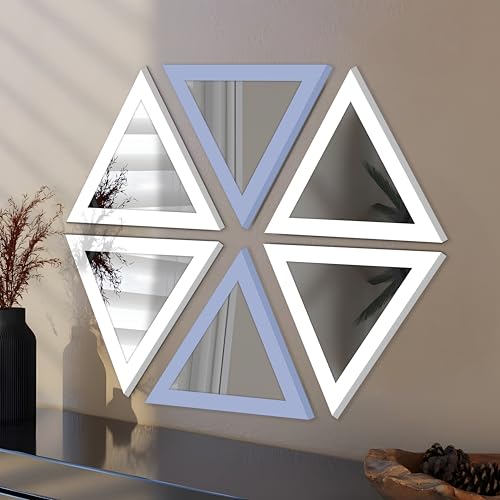 Image of Art Street Acrylic Triangle Decorative Wall Mirror Set of 3 Triangle Shape Mirror for Home Decoration, (9x9 Inch, White, Light Blue)