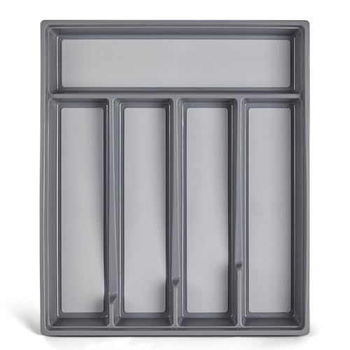 BEWOS Plastic Cutlery Drawer Organiser, 5 Compartment Cutlery Tray Utensil Drawer Organiser for Spoons Forks Knives, Non-Slip Cutlery Organiser, Grey