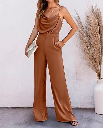 Prettygarden Women 2023 Sleeveless Spaghetti Strap Cowl Neck Backless Satin Jumpsuits Loose Wide Leg Romper With Pockets(Solid Brown,X-Large) #TOP6