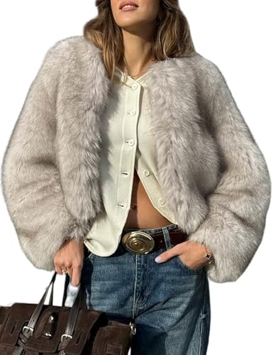 Yimoon Women's Cropped Faux Fur Coat Fluffy Long Sleeve Open Front Shaggy Coat Winter Warm Outwear Jacket