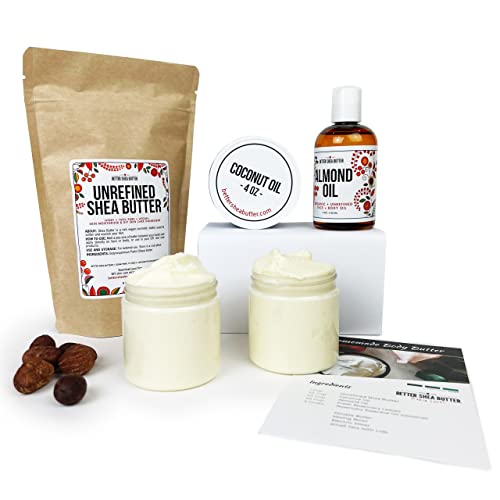 DIY Whipped SHEA Body Butter Kit - 6Pc. Set w/ 8 oz Unrefined African Shea Butter, 4 oz Sweet Almond Oil, 4 oz Coconut Oil, 2 Empty Jars w/ Lids, & Recipe Card/Video Tutorial by Better Shea Butter
