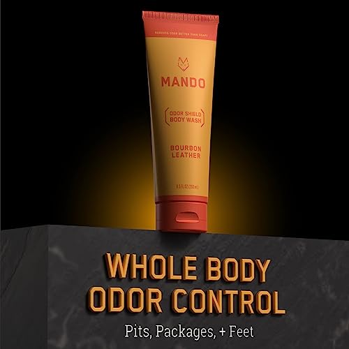 Mando Odor Shield Body Wash - 24 Hour Odor Control - Removes Odor Better Than Soap - Sls Free, Paraben Free, Skin Safe - 8.5 Ounce (Bourbon Leather) #TOP4