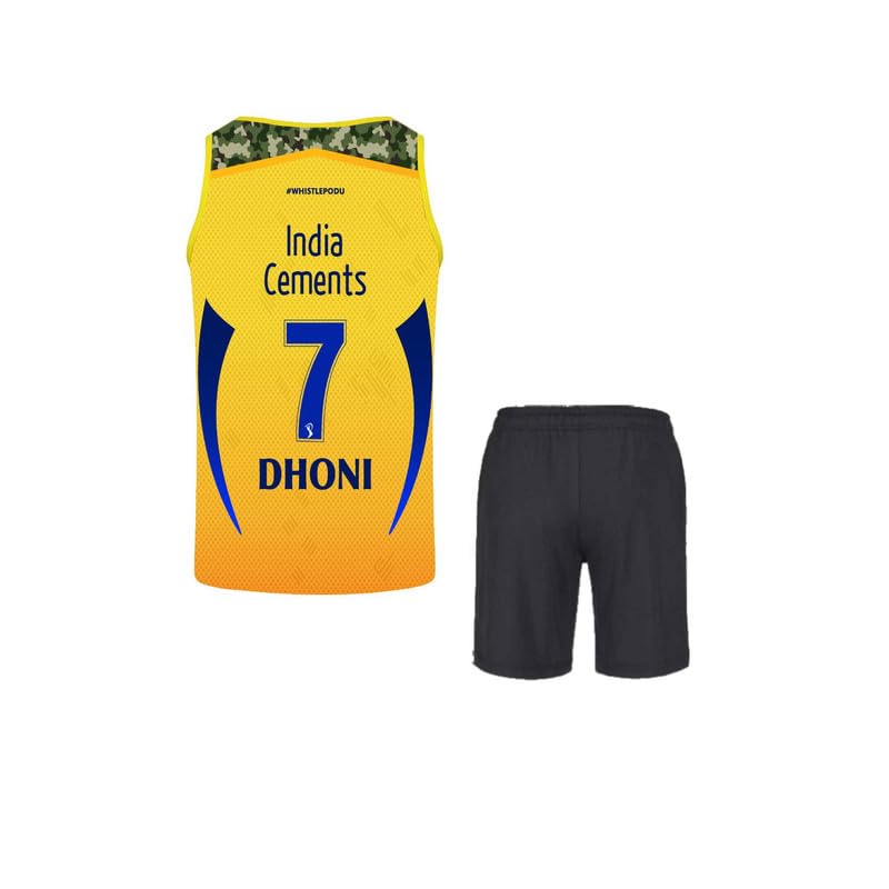Image of CSK thala Dhoni 7 Official Cricket Team Jersey with Black Shorts for Boys and Men(10-11Years,Multicolor-2)