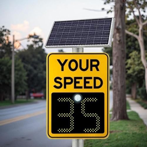 Solar Powered Speed Display Radar Sign with Remote Control - Weatherproof Traffic Sign for Speed Feedback - Aluminum Construction, 50x70cm (20x27in) - Enhance Road Safety