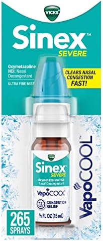 Vicks Sinex SEVERE, Nasal Spray with VapoCOOL, Ultra Fine Nasal Mist, Sinus Decongestant for Fast Acting Relief of Cold & Allergy Congestion, 0.5 Fl Oz (15 ml)