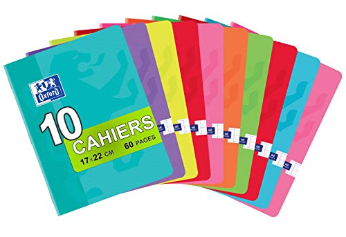 OXFORD Classique Lot de 10 Cahiers Agrafés Petits Formats 17 x 22cm 60 Pages Grands Carreaux Seyès 90gr Couleurs Assorties